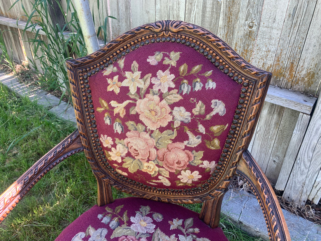 Antique Hand Carved Louis XIV Needlepoint Tapestry Highback Armchair, circa  1850
