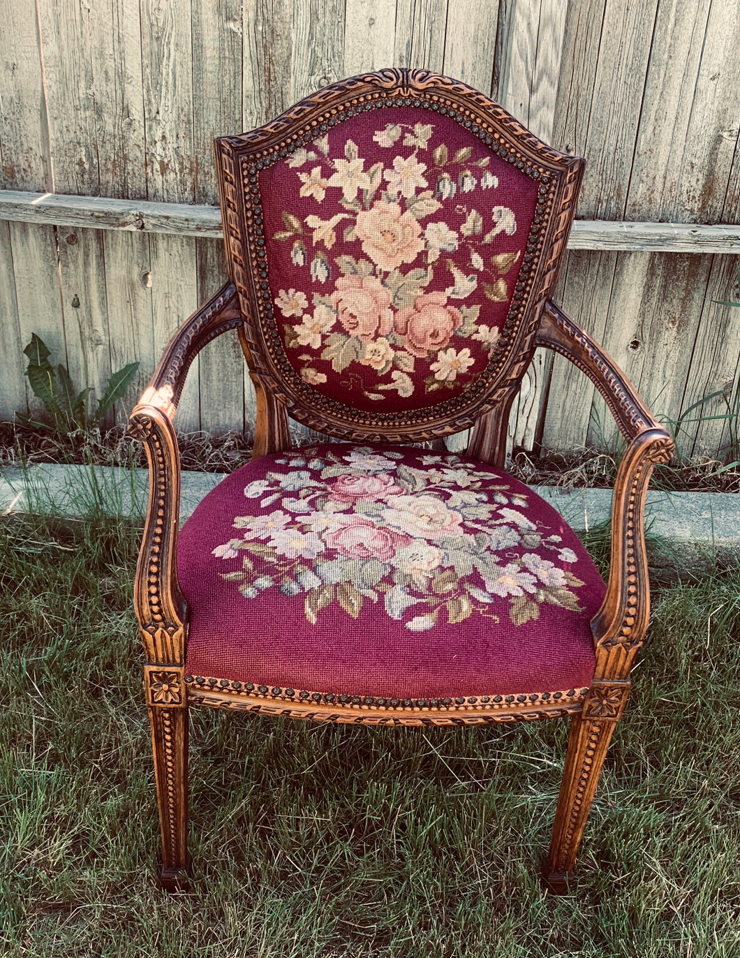 French louis xiv walnut floral tapestry upholstered armchair